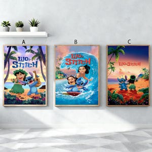 May include: Three framed Lilo & Stitch film posters. Poster A shows Lilo and Stitch with a ukulele. Poster B features Lilo, Stitch, and Nani surfing a wave. Poster C depicts Stitch on a beach with Lilo. All posters have a wooden frame.