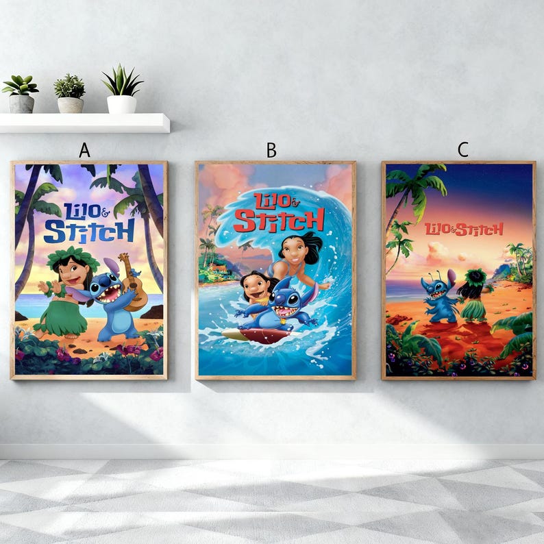 May include: Three framed Lilo & Stitch film posters. Poster A shows Lilo and Stitch with a ukulele. Poster B features Lilo, Stitch, and Nani surfing a wave. Poster C depicts Stitch on a beach with Lilo. All posters have a wooden frame.