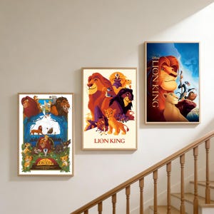 May include: Three framed wall art prints featuring The Lion King characters. The left print shows a jungle scene with various animals. The centre print displays Simba, Mufasa, and Scar. The right print depicts Simba, Nala, and Rafiki.
