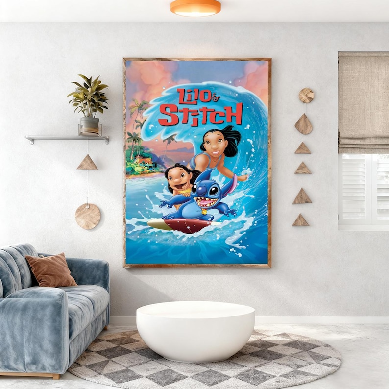 May include: A framed poster featuring characters from the animated film "Lilo & Stitch." The artwork shows Lilo, Stitch, and Nani surfing a large wave. The title "Lilo & Stitch" is displayed in a stylized font above the characters.