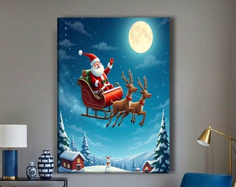 Santa Claus Sleigh Christmas Canvas, Reindeer Flying Wall Decor, Winter Holiday Landscape Print