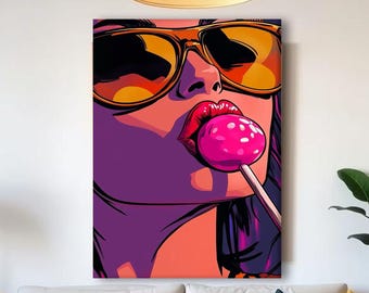 Colorful Pop Art Canvas Print, Retro Girl with Lollipop Wall Art