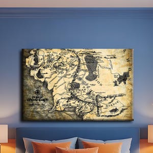 Vintage Middle Earth Map Wall Art, Fantasy World Map Canvas Print