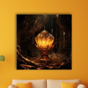 May include: A square wall art print featuring a glowing, golden, spherical lantern-like object with intricate, flame-shaped metal detailing. The object is centered within a dark, cavernous environment with subtle, vertical light streaks.