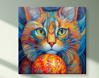Colorful Cat Canvas Wall Art, Vibrant Abstract Feline Painting, Modern Animal Digital Print