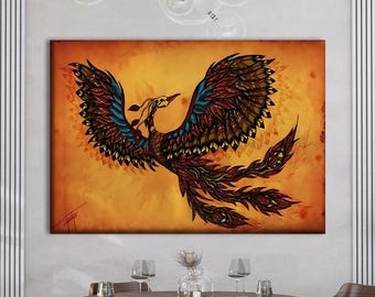 Phoenix Canvas Wall Art, Mythical Bird Painting, Fiery Rebirth Artwork