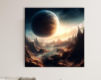 Cosmic Landscape Canvas Print, Space Wall Painting, Futuristic Astronomy Decor