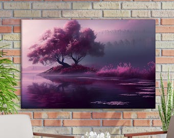 Purple Serenity Landscape Wall Art, Dreamy Lake Reflection Canvas, Tranquil Nature Home Decor
