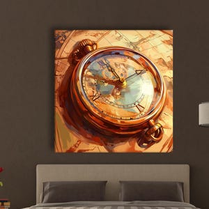 Vintage Pocket Watch Canvas, Antique Map Wall Art, Steampunk Timepiece Home Decor