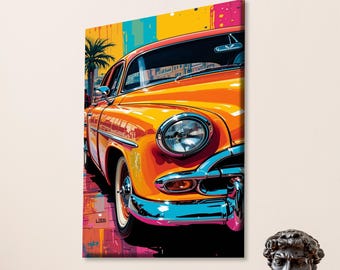 Retro Car Canvas Print Painting, Vibrant Pop Art, Modern Man Cave Decor