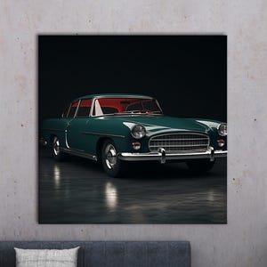 May include: A framed canvas print of a classic teal coupe with chrome detailing. The car features a red interior and is set against a dark backdrop. The print is displayed on a grey wall above a blue sofa.