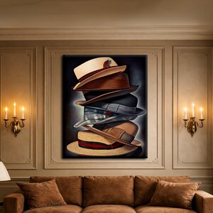 May include: A vertical wall art print featuring a stack of seven diverse hats, including fedoras, a plaid cap, and a straw hat, arranged in a vertical column against a dark, moody background with soft lighting highlighting the textures and colors.