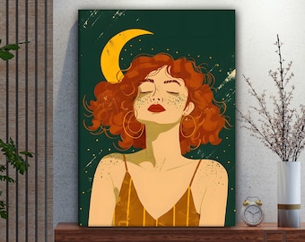 Modern Woman Canvas Art, Red Hair Girl Poster, Moon and Stars Wall Decor