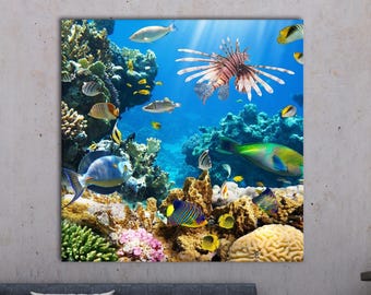 Tropical Coral Reef Wall Art, Underwater Ocean Canvas Print, Colorful Fish Sea Life Painting