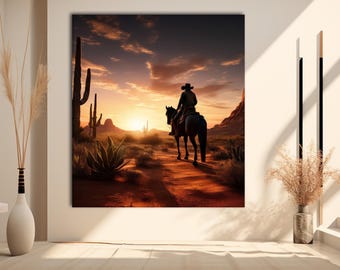 Cowboy Sunset Wandkunst, Western Wüste Landschaft Leinwand, rustikale Pferdemalerei für Wohndekor