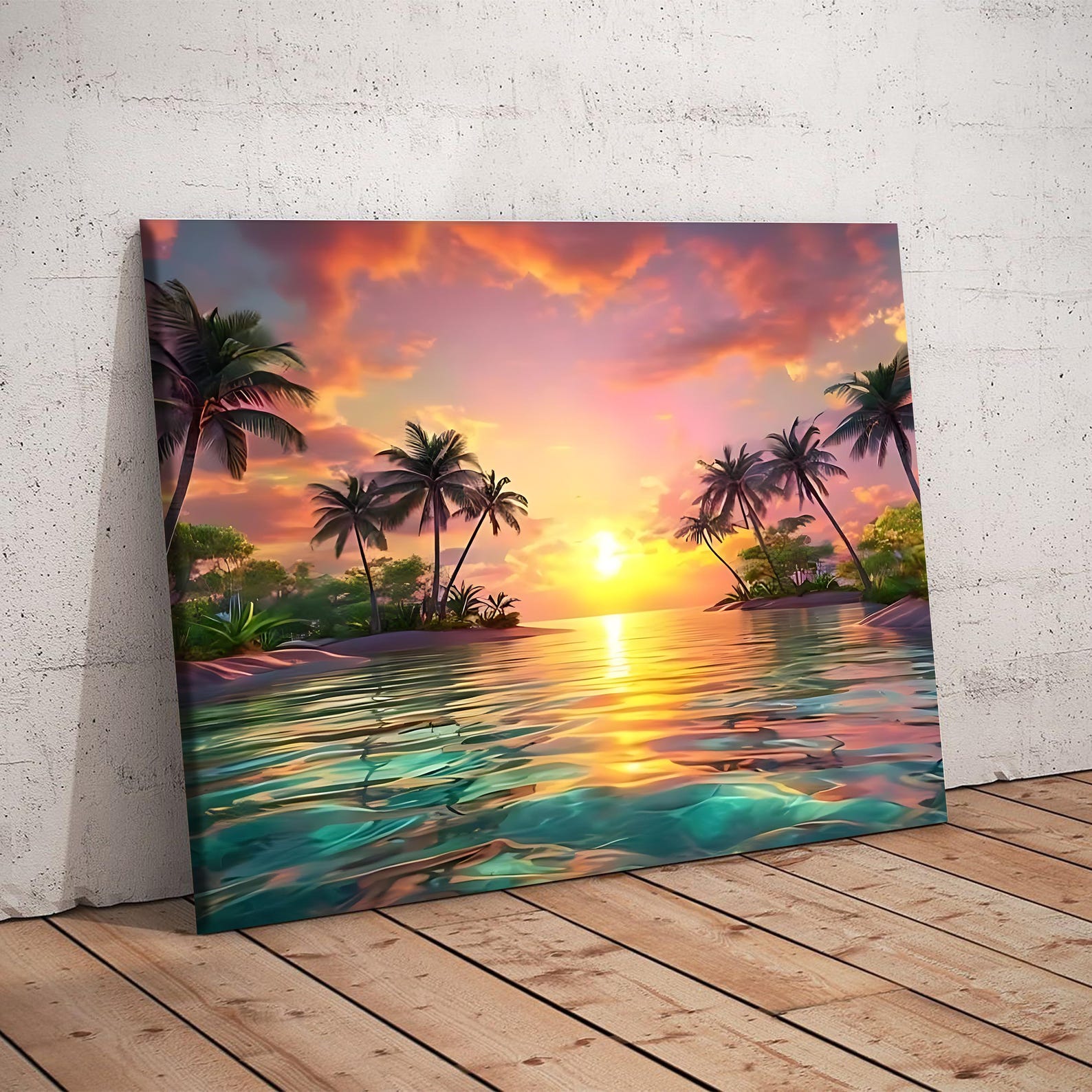 Tropical Sunset Canvas Art, Palm Tree Beach Wall Decor, Ocean Paradise ...