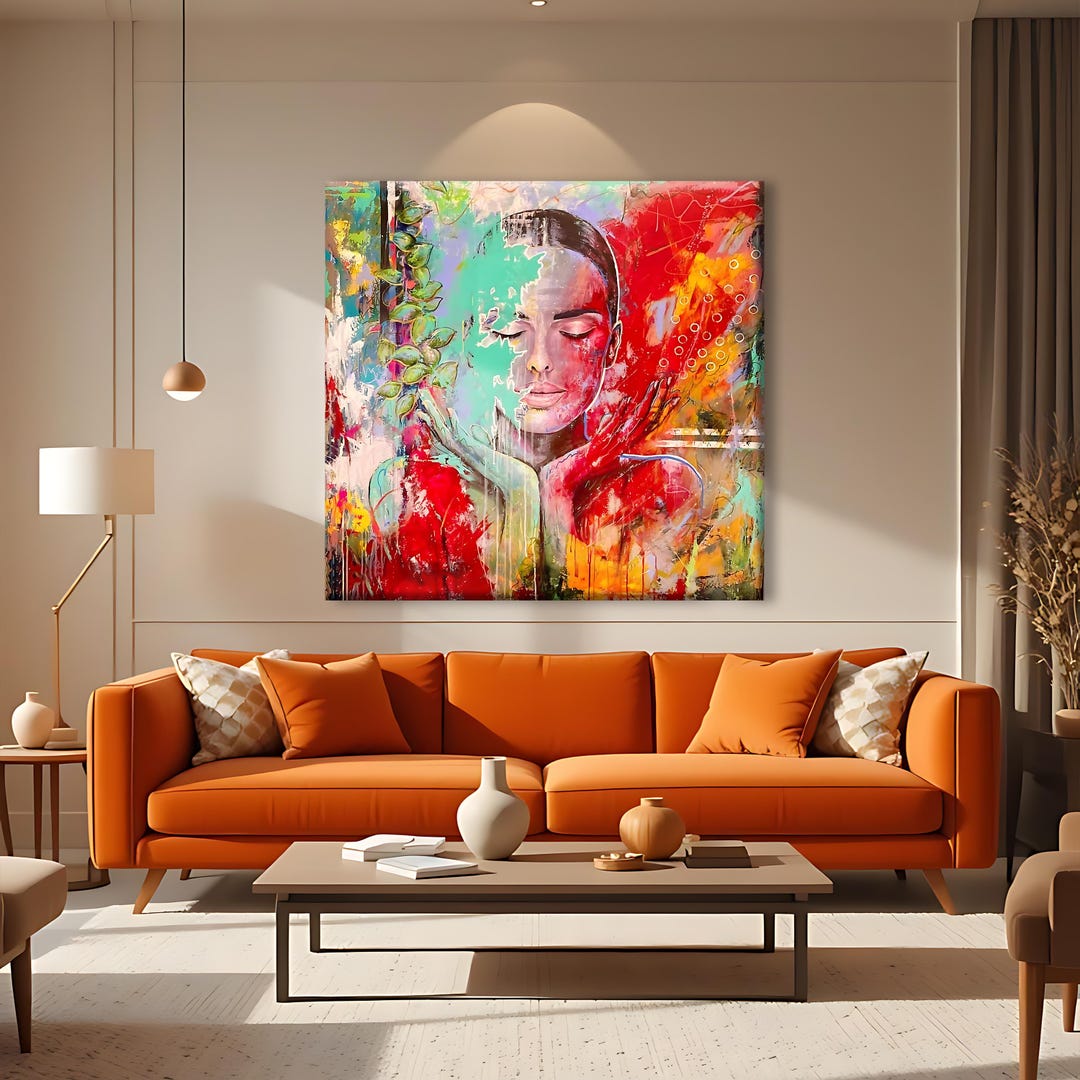 Modern Abstract Female Portrait Canvas Wall Art, Colorful Woman Face ...