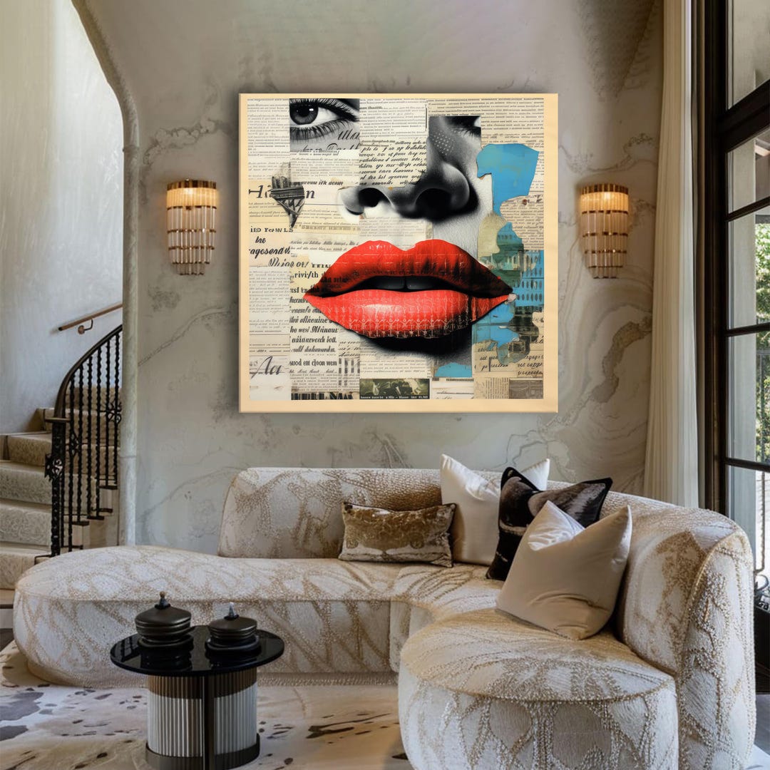 Pop Art Collage Face Canvas, Red Lips Wall Art, Modern Abstract ...