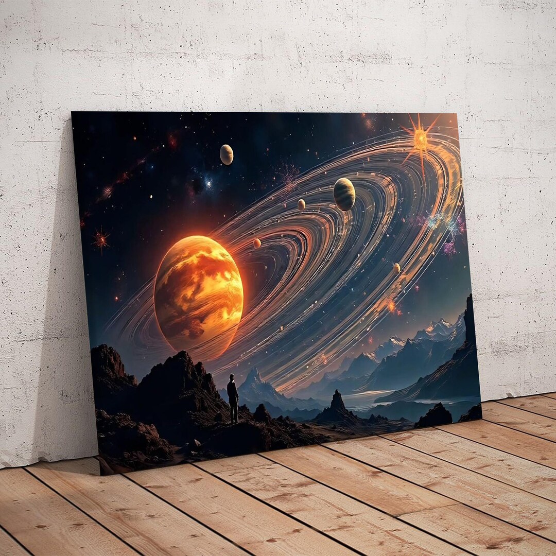 Sci-fi Space Landscape Canvas, Ringed Planet Wall Art, Cosmic Galaxy ...