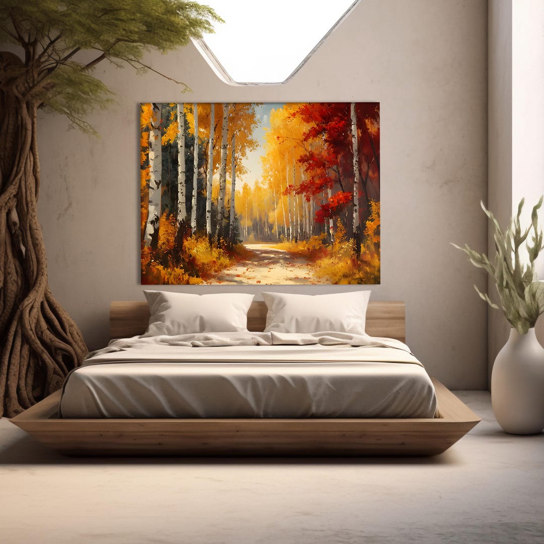 Autumn Forest Path Canvas Print, Fall Landscape Wall Art, Orange Red ...