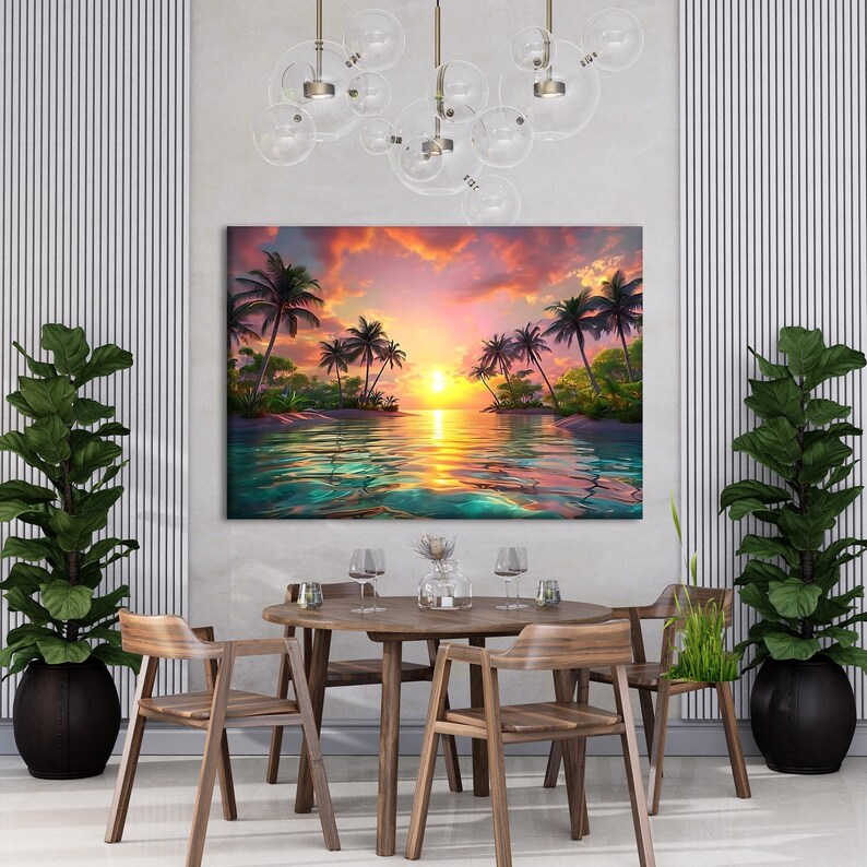 Tropical Sunset Canvas Art, Palm Tree Beach Wall Decor, Ocean Paradise ...