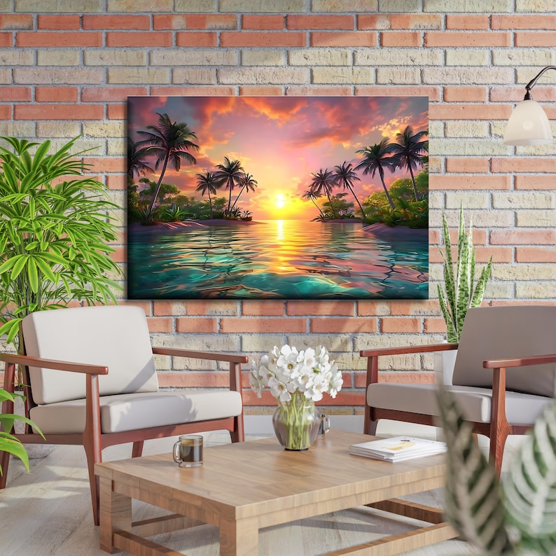 Tropical Sunset Canvas Art, Palm Tree Beach Wall Decor, Ocean Paradise ...