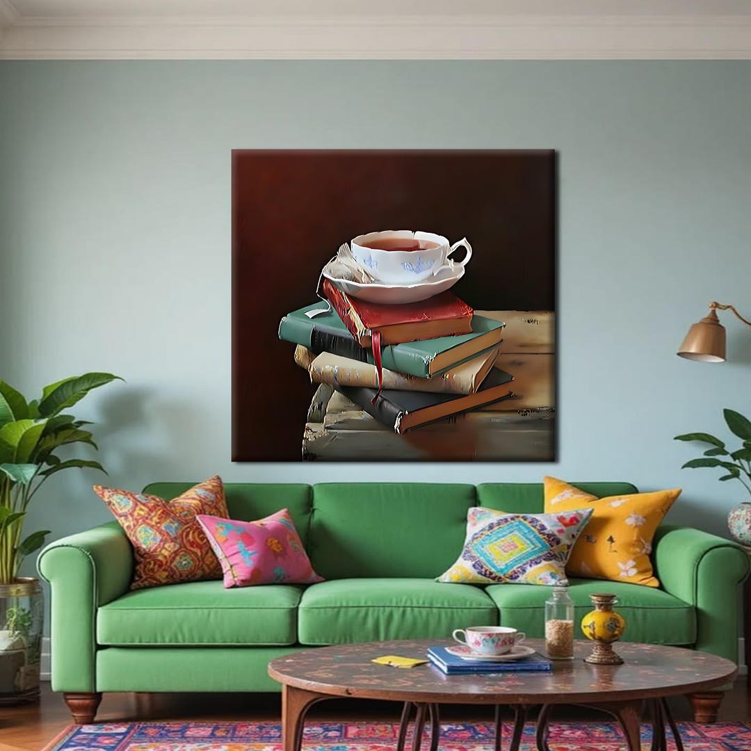 Stacking Still Life Modern Still Life Canvas Art, Stack of Books and Tea Cup Oil Painting ...