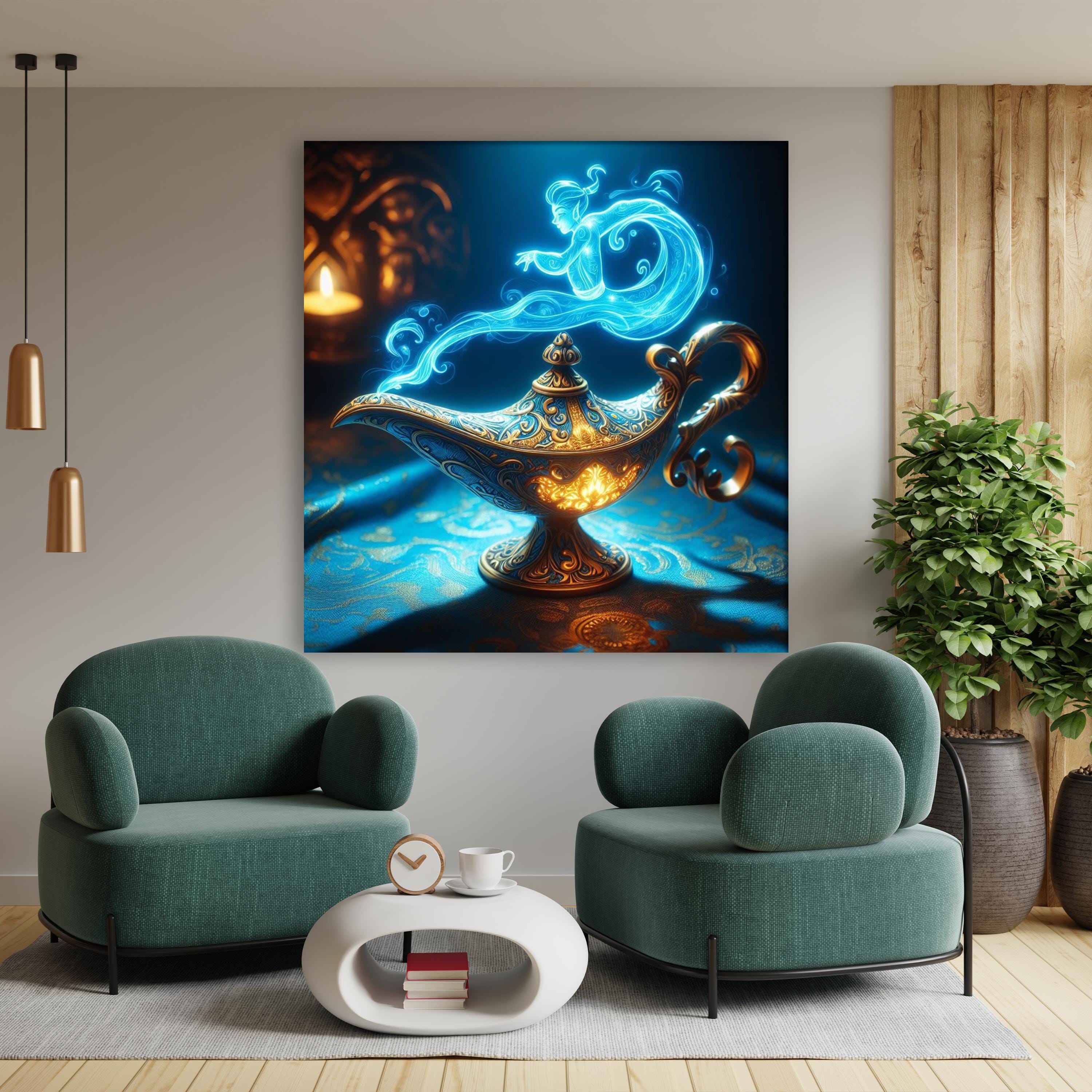 Magic Genie Lamp Canvas Art, Mystical Blue Spirit Wall Decor