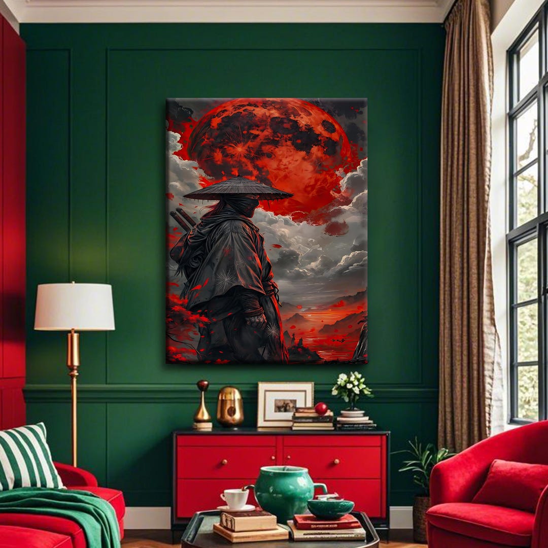 Samurai Warrior Canvas Wall Art, Japanese Katana Poster, Red Blood Moon ...