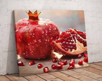 Fresh Pomegranate Canvas Wall Art, Kitchen Fruit Poster, Red Fruit Photography Print