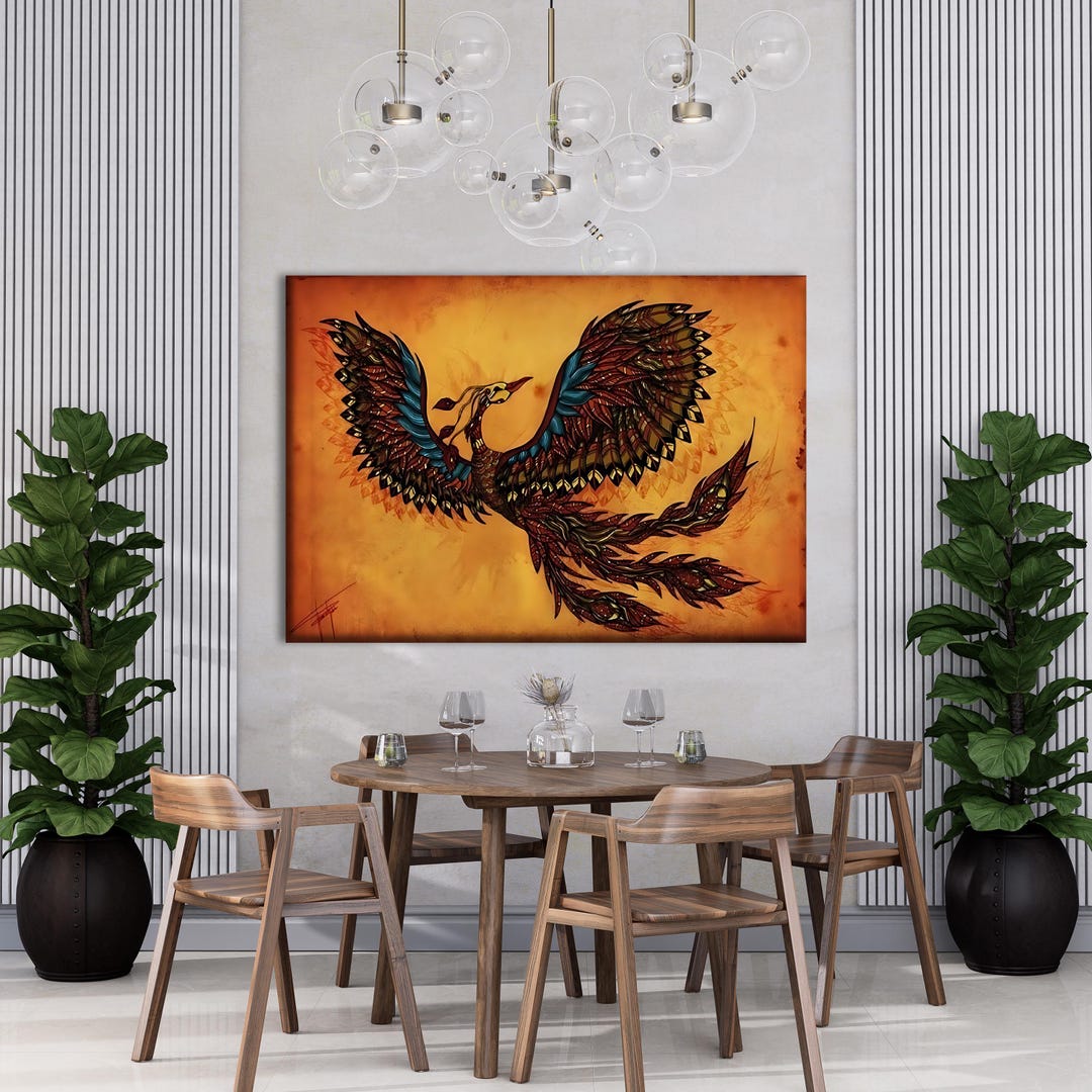 Phoenix Canvas Wall Art, Mythical Bird Painting, Fiery Rebirth Artwork ...
