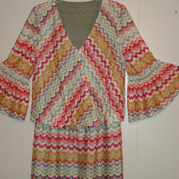 60's 70's rainbow stripe disco diva wrap dress sheer striped knit dress M L