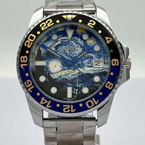 Seiko Automatic Starry Night Custom Dial Watch Men’s Diver Style Blue Gold GMT Bezel