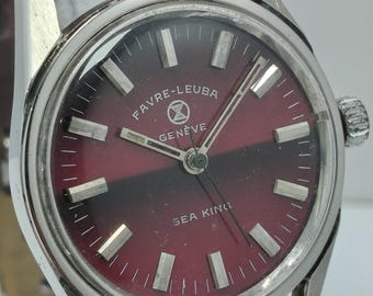 Vintage Favre Leuba Geneve Sea King Wrist Watch Red Dial Swiss