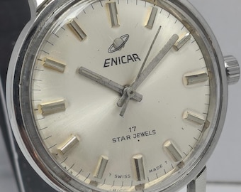 Vintage Enicar 17 Star Jewels Hand-Winding Wrist Watch Silver Dial Swiss Made For Men's