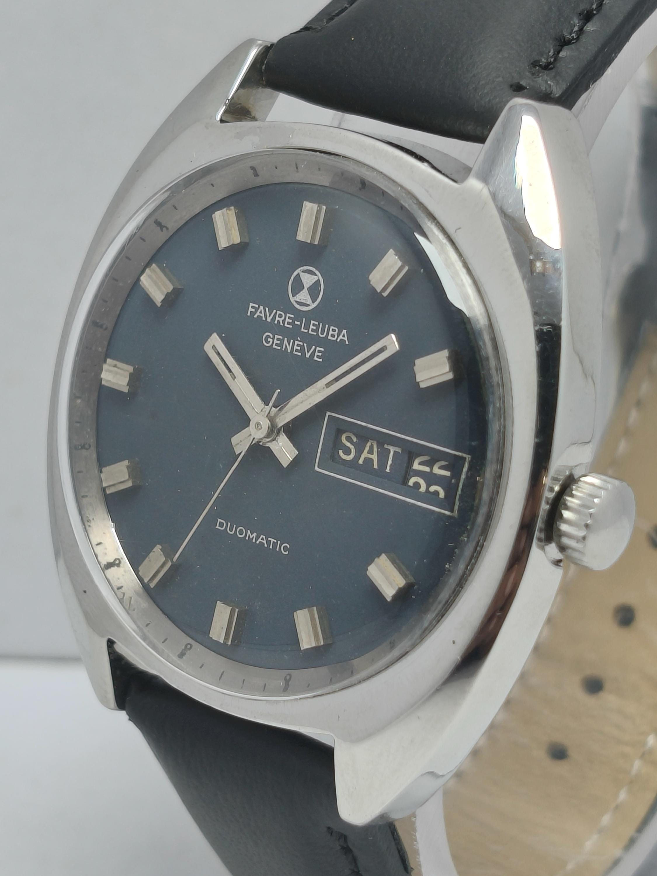 Vintage Favre-leuba Duomatic Automatic Watch Black Dial Day Date