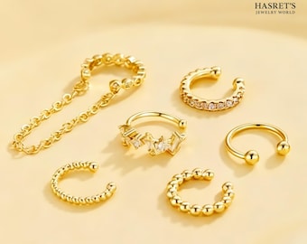 Gold Ear Cuff Set – No Piercing Cartilage Earrings with Chain