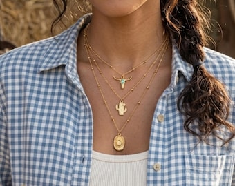 Layered Western Necklace Set, Gold Cactus Bull Skull Pendant, Satellite Chain Choker