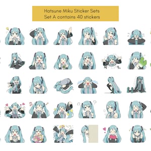Hatsune Miku 200 Fan Stickers, 5 juegos, pegatinas Vocaloid, pegatinas para portátiles, dibujos animados, pegatina linda de Miku, pegatina de diario, 初音ミク, sin repetición Set A: 40 Sticker