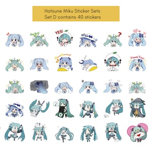 Hatsune Miku 200 Fan Stickers, 5 juegos, pegatinas Vocaloid, pegatinas para portátiles, dibujos animados, pegatina linda de Miku, pegatina de diario, 初音ミク, sin repetición Set D: 40 Sticker