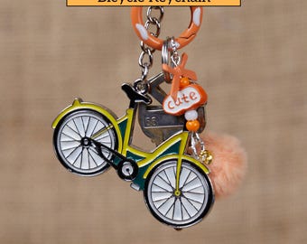 Cute Bicycle Metal Keychain Phone Strap Bundle – Blue or Yellow Bike Charm w/ Pom Pom | Kawaii Bag Accessory | Gift for Cyclists & Students