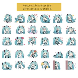 Hatsune Miku 200 Fan Stickers, 5 juegos, pegatinas Vocaloid, pegatinas para portátiles, dibujos animados, pegatina linda de Miku, pegatina de diario, 初音ミク, sin repetición Set B: 40 Sticker
