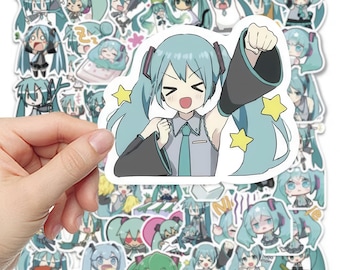 May include: A collection of anime-style stickers featuring a character with long, light blue pigtails. The stickers showcase various poses and expressions, with a central sticker held by a hand. The character is wearing a gray and teal outfit.