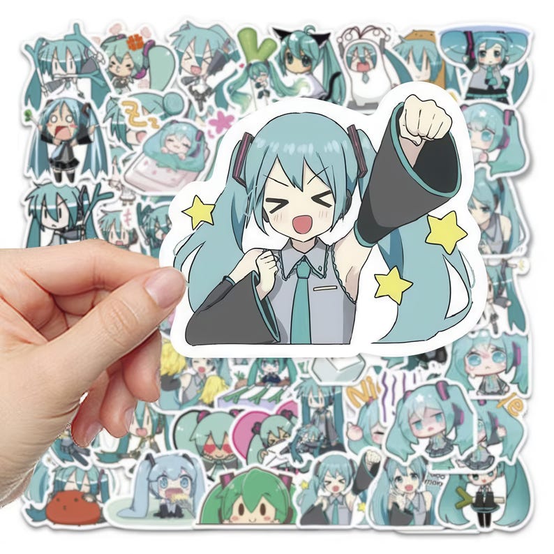 Hatsune Miku 200 Fan Stickers, 5 juegos, pegatinas Vocaloid, pegatinas para portátiles, dibujos animados, pegatina linda de Miku, pegatina de diario, 初音ミク, sin repetición imagen 1