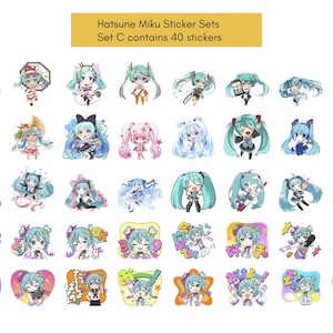 Hatsune Miku 200 Fan Stickers, 5 juegos, pegatinas Vocaloid, pegatinas para portátiles, dibujos animados, pegatina linda de Miku, pegatina de diario, 初音ミク, sin repetición Set C: 40 Sticker