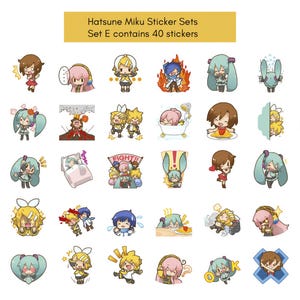 Hatsune Miku 200 Fan Stickers, 5 juegos, pegatinas Vocaloid, pegatinas para portátiles, dibujos animados, pegatina linda de Miku, pegatina de diario, 初音ミク, sin repetición Set E: 40 Sticker