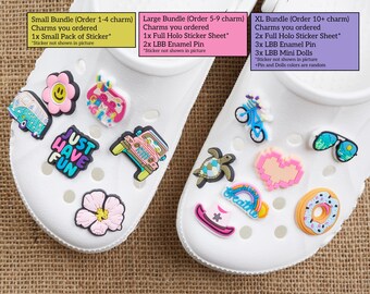 Cartoon Shoe Charms Bundle w/ Enamel Pin & Sticker, Doodle Shoe Charms, Cute Shoe Pins, Playful Clog Decoration