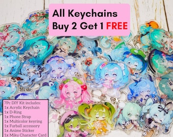 Llavero y correa para teléfono Hatsune Miku de acrílico, paquete de 7 piezas, 33 diseños, kit para armar llaveros Miku, llavero chibi de personajes, Sakura Miku, ¡Compra 2 y llévate 1 GRATIS!