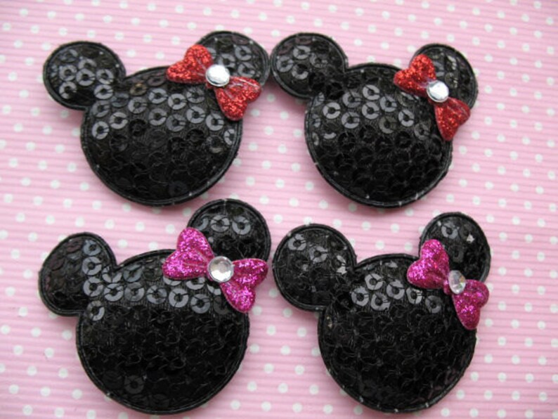 30 Padded 1.5 Sequin Black Mouse Head w/Bow-2 colors AD040 image 1