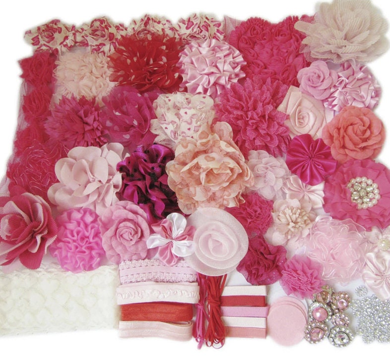 DIY Stirnband Kit Für Baby Shower – 32 Bänder & 6 Clips Zum Selbermachen (Rosa/Grau/Elfenbein)